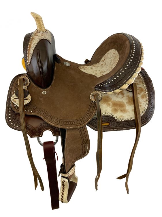 12" Double T Youth Hard Seat Barrel style saddle with hair on cowhide accent seat