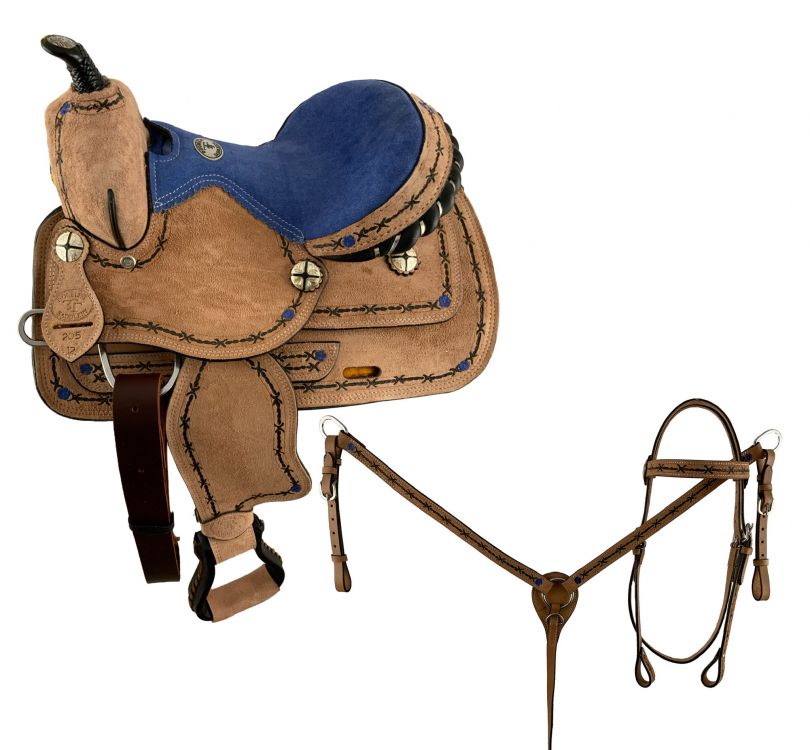 12" Double T Youth Pleasure style saddle Set with blue suede seat, barbwire branding and blue flower motifs - with matching Headstall, Breast collar and Reins