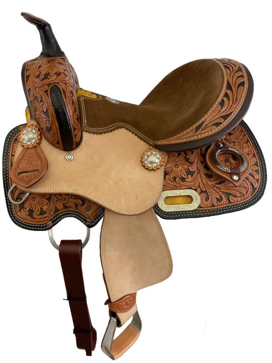 12" Double T Youth barrel style saddle with Two-Tone floral tooling