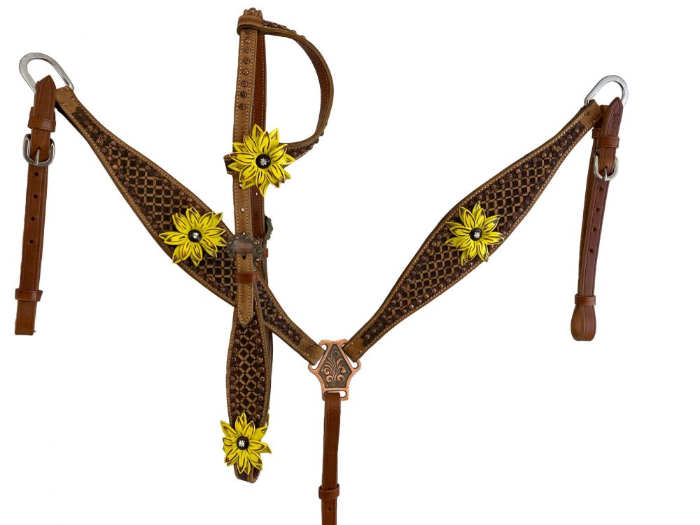 Showman Hand Painted 3D leather Sunflower One Ear Headstall and Breast collar Set