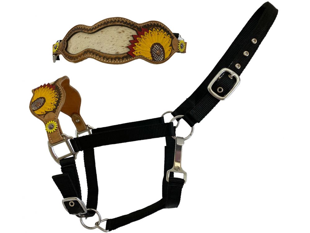Showman Adjustable nose nylon bronc halter with hair on cowhide inlay and painted sunflower accents
