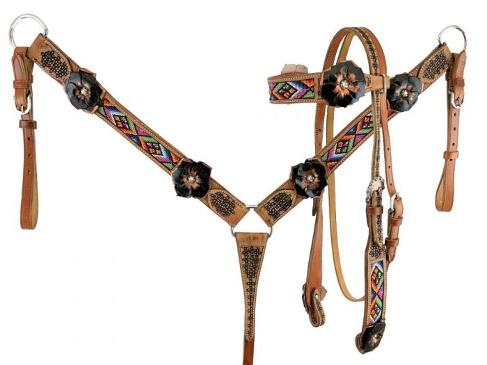 Showman Aztec beaded Headstall and Breast collar Set with 3D black leather painted flower accents