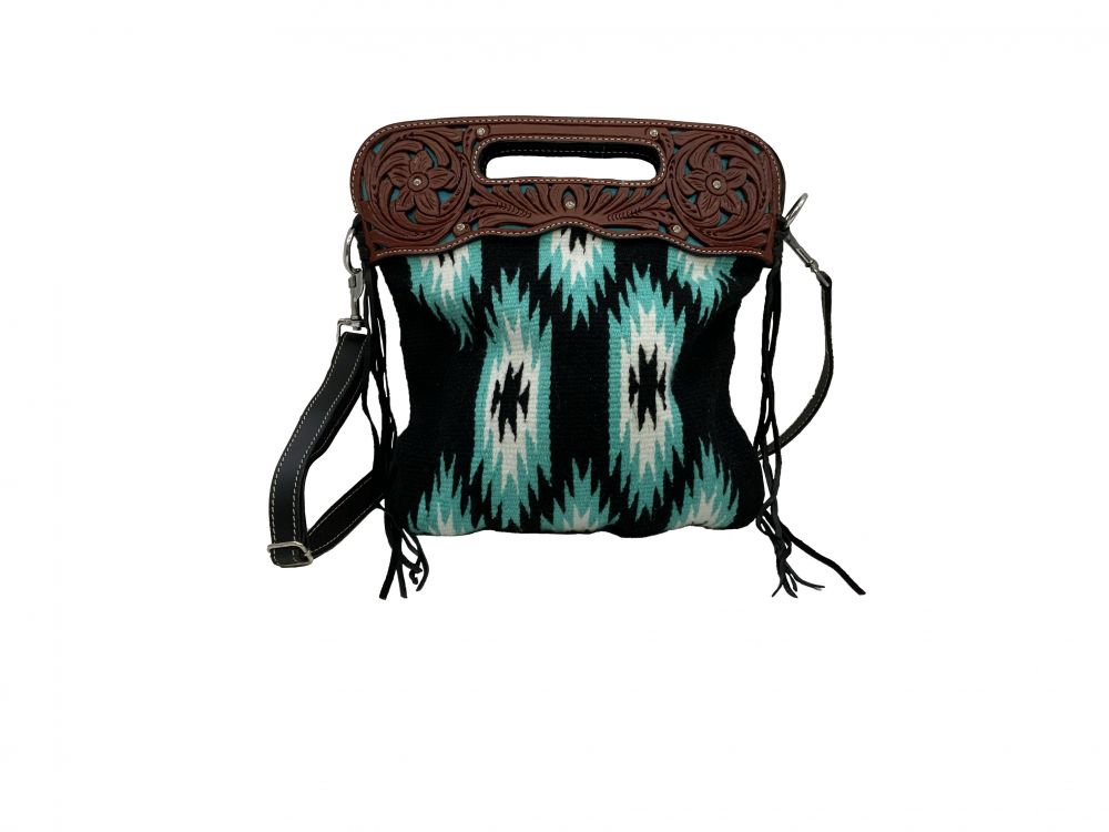 Showman Southwest Saddle blanket handbag with genuine leather floral tooled handle