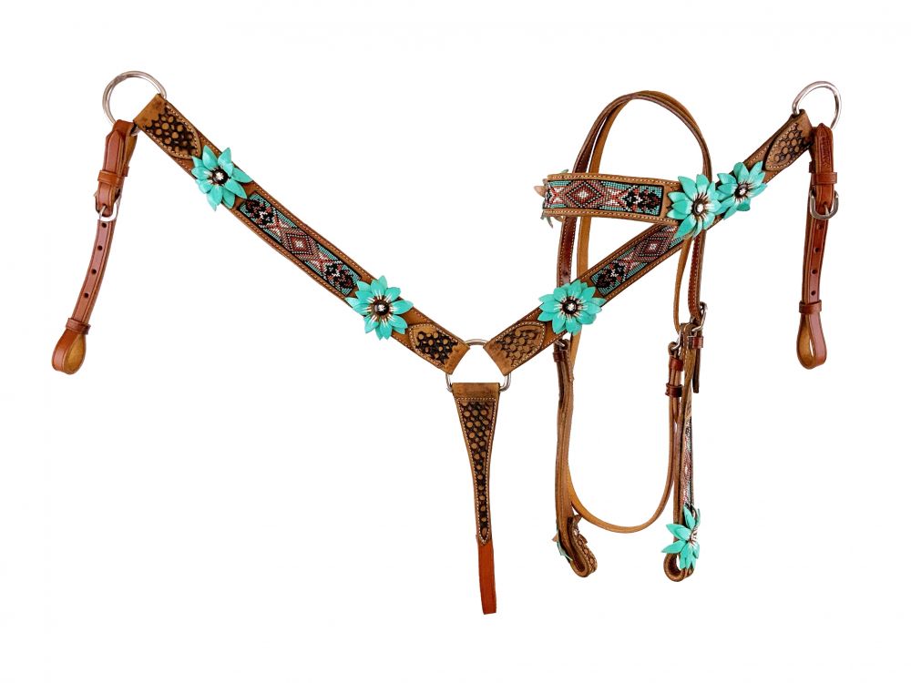 Showman Browband beaded Headstall and Breast collar Set with 3D leather painted flower accents