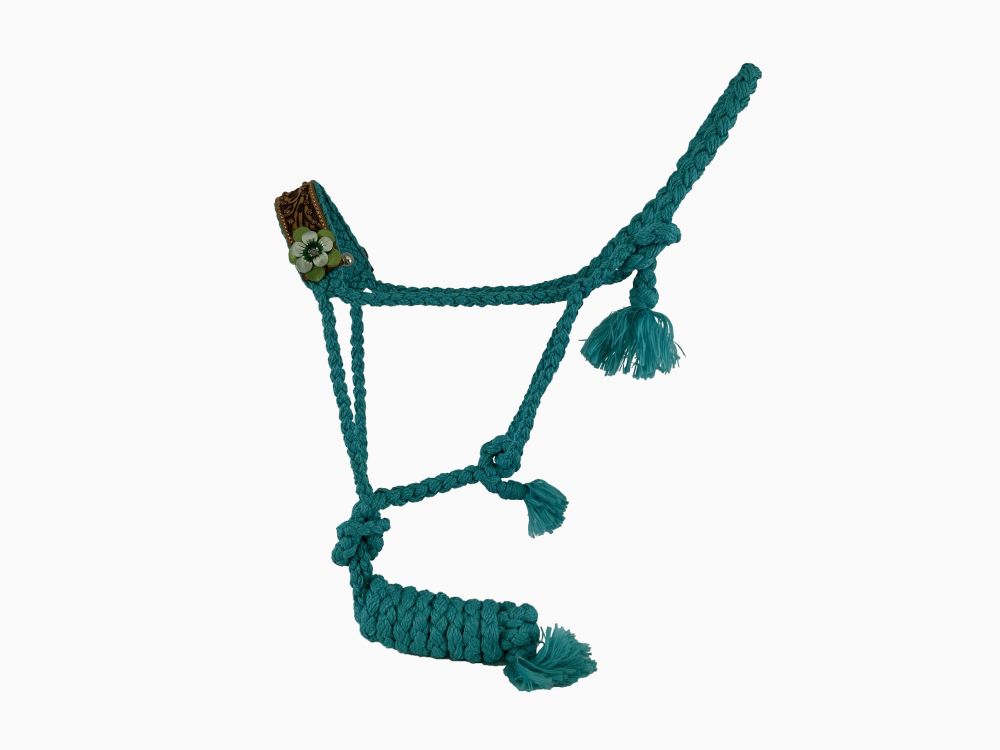 Showman Woven teal nylon mule tape halter with hand painted 3D flower accent on the noseband
