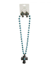 18" Silver and turquoise rosary style beaded necklace set with 2-1/2" silver cross and earrings