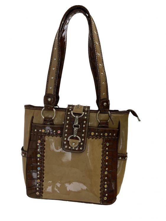 PG Tan and Dark Brown Gator Synthetic Purse with Rhinestones