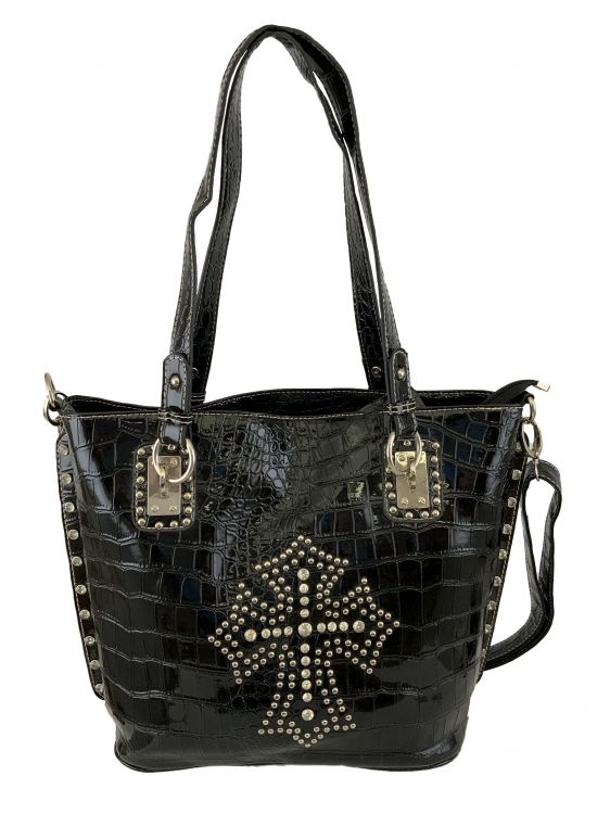 PG Black Gator Synthetic Purse with Rhinestone  Beaded Cross