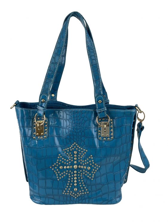 P&G Turquoise Gator Synthetic Purse with Rhinestone & Beaded Cross