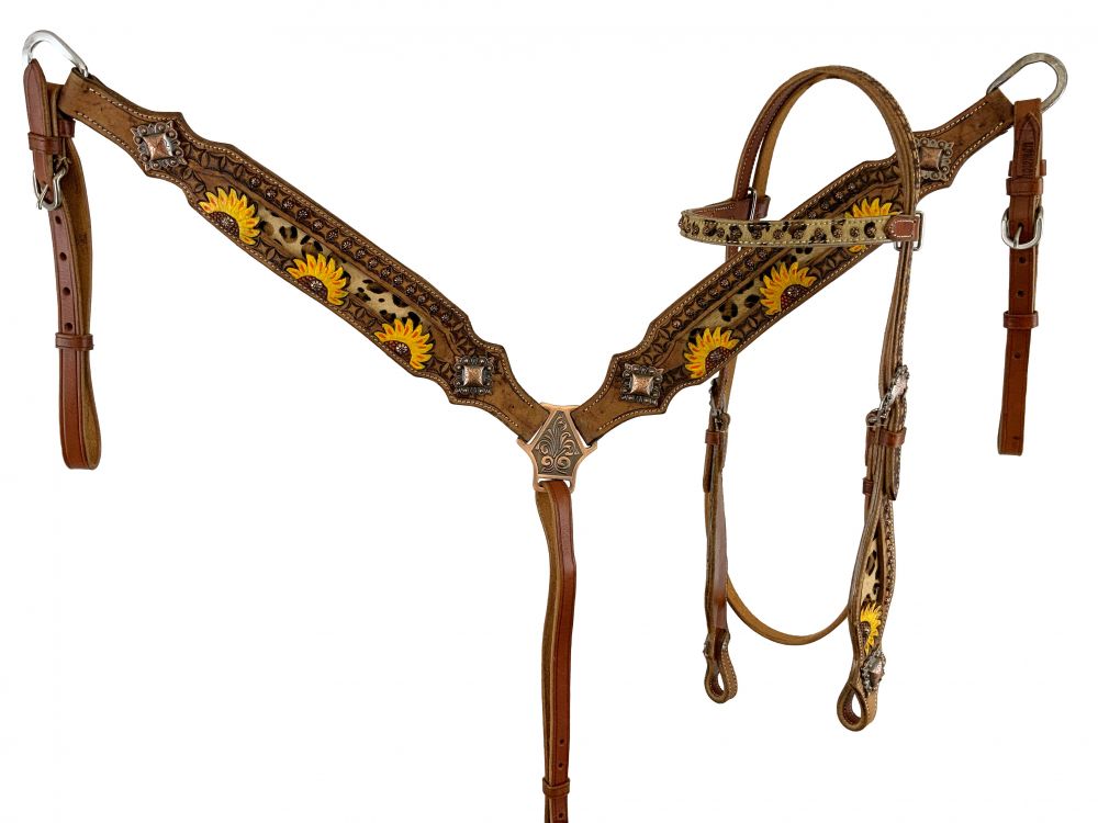 Showman Browband Headstall  Breastcollar set with hair on cheetah print and painted sunflowers