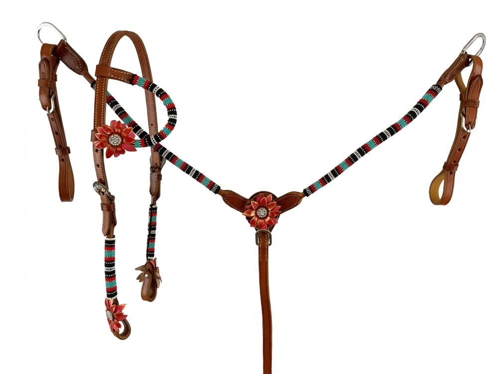Showman One Ear beaded Headstall and Breast collar Set with 3D Flower Accents