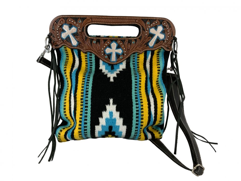 Showman Southwest Saddle blanket handbag with genuine leather floral tooled handle with strap and fringe