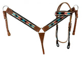 Showman Browband Headstall  Breast collar set with wool southwest blanket inlay - teal and cream