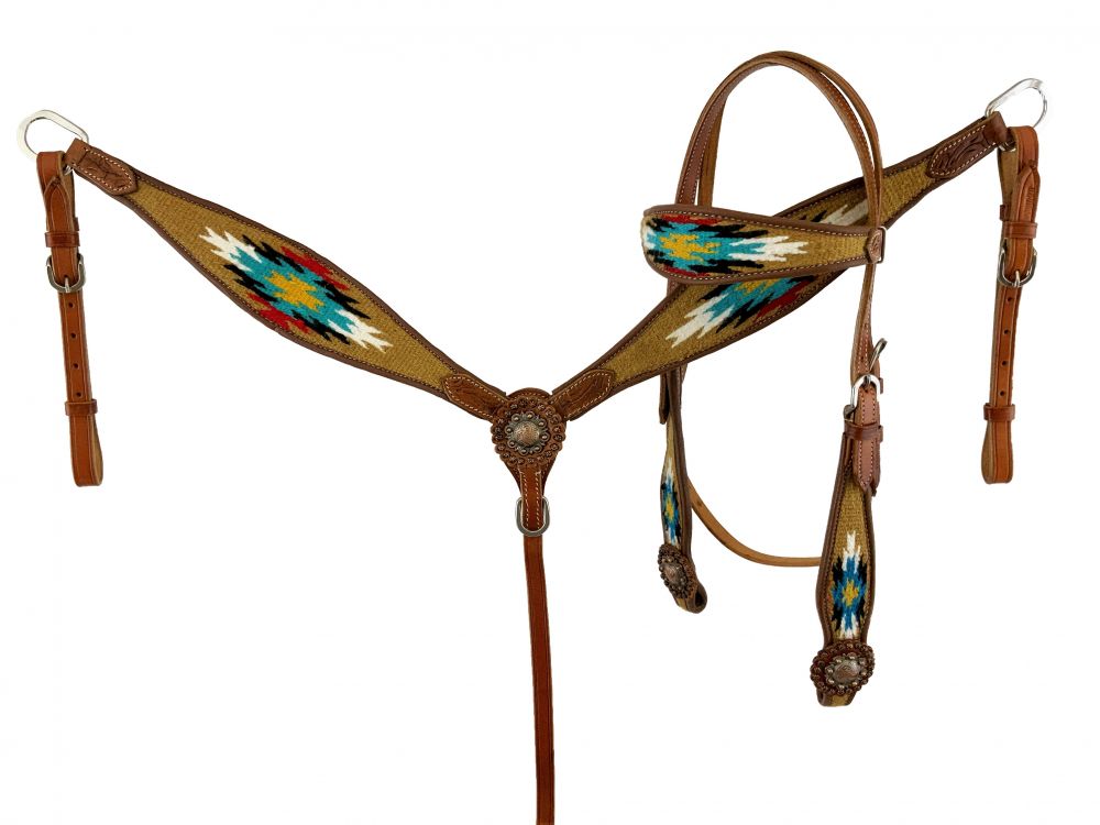 Showman Browband Headstall & Breast collar set with wool southwest blanket inlay - tan and rose gold