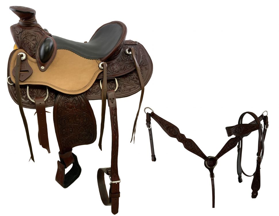 17" Burgundy Wade Style Economy Roping Saddle Set with matching HS/BC Set with reins