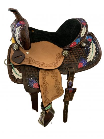 13" Double T youth barrel style saddle with hand painted feather design