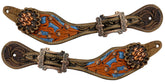 Showman Ladies Hand painted orange and metallic blue floral stamped spur strap with copper hardware