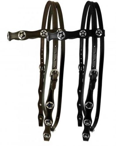 Leather double stitched headstall with silver star conchos on browband and cheeks