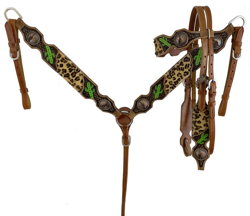Showman Cheetah headstall and breast collar set with painted cactus accents