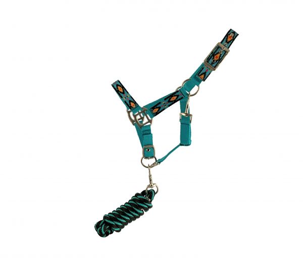 Showman Pony triple ply turquoise nylon halter with southwest design overlay  lead rope