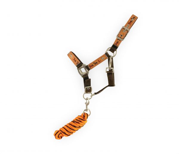 Showman Pony triple ply brown nylon halter with orange running horse overlay  lead rope