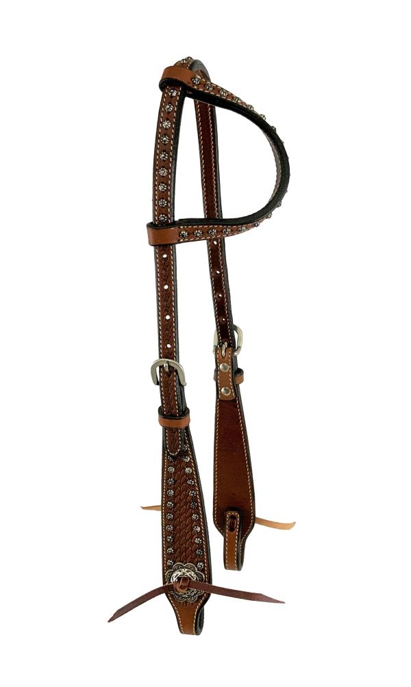 Showman Argentina medium oil cow leather Headstall with basket weave tooling and silver dots