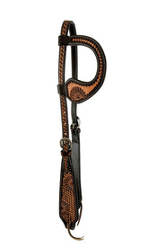 Showman Two Tone one ear headstall with half floral tooled design, Argentina Cow leather