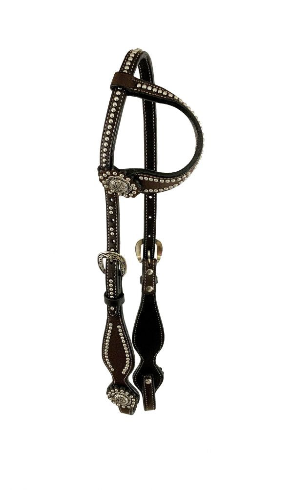 Showman Silver Beaded one ear headstall with conchos, Argentina Cow leather