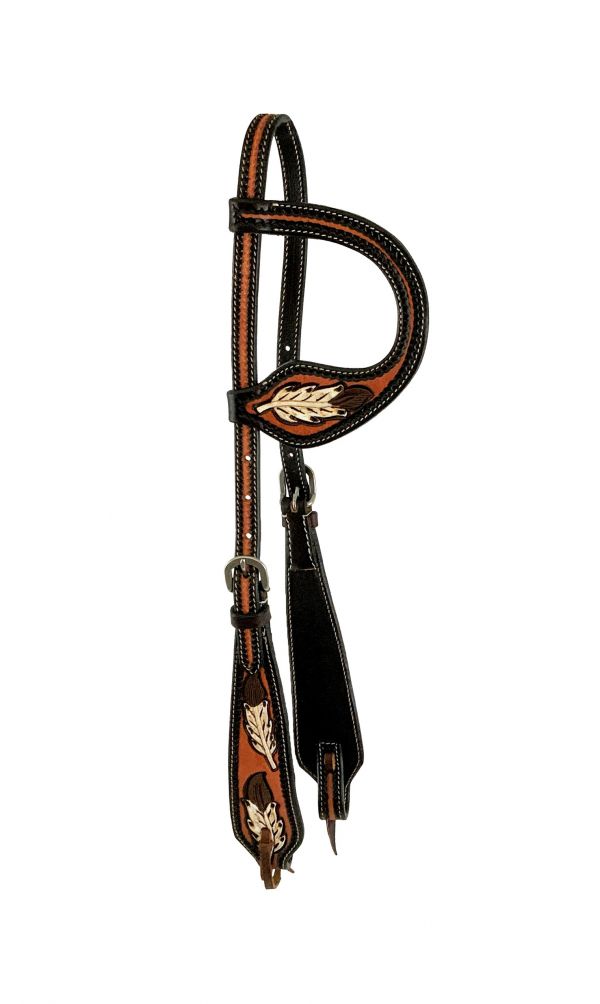 Showman One ear headstall with painted feather design, Argentina Cow leather