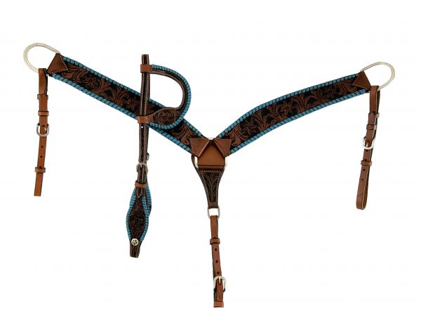 Showman Argentina medium oil cow leather Headstall  BC Set with turquoise lacing