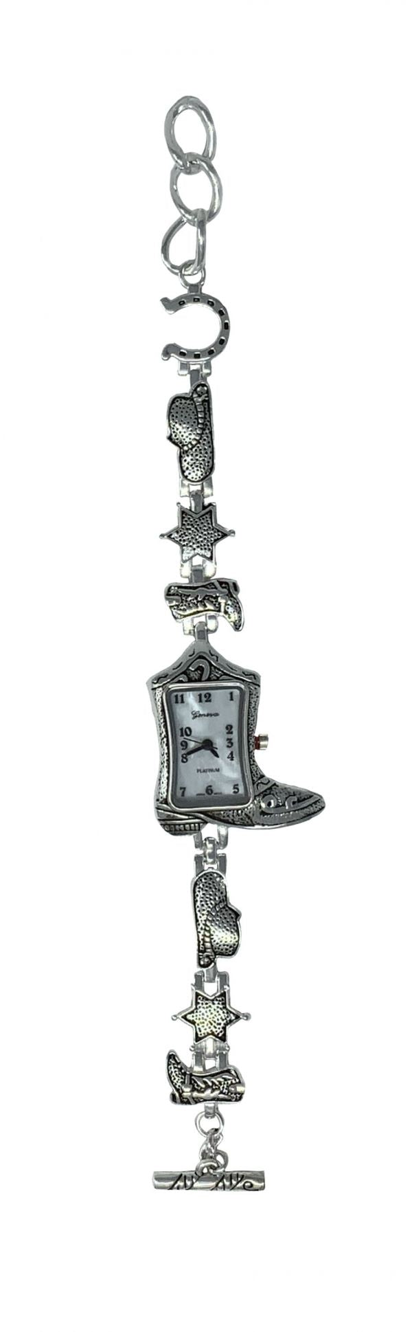 Silver Bracelet Boot Watch with western charm bracelet