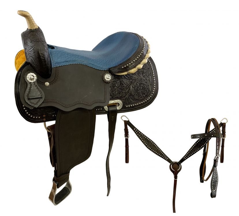 16" Economy Barrel Saddle Set with floral tooling, silver beads and blue ostrich print seat