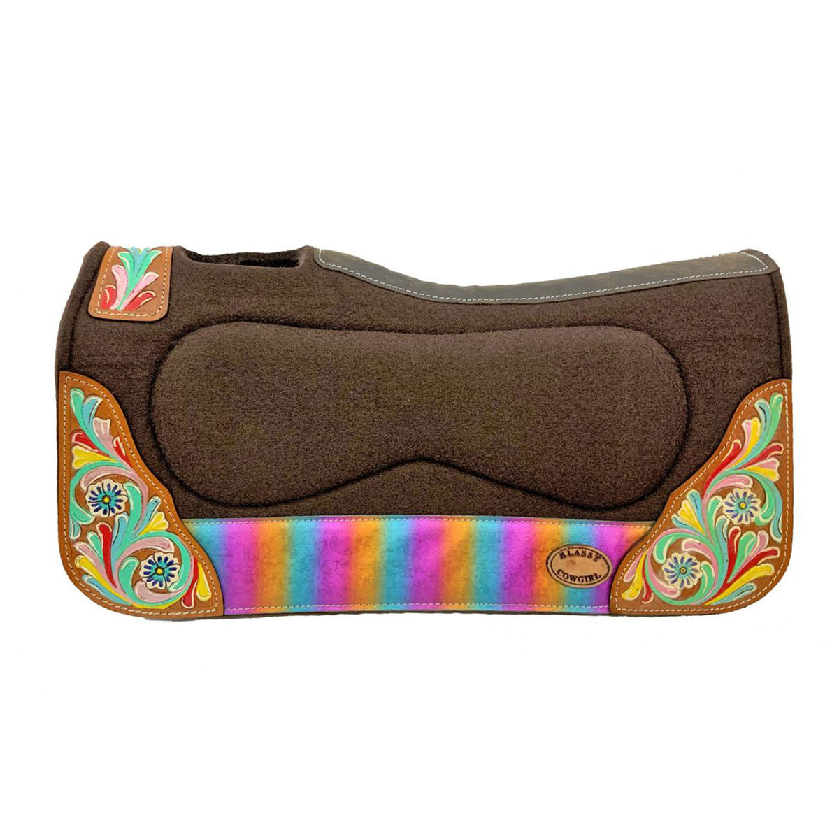 Klassy Cowgirl 28" x 30" Barrel Style Brown Felt Saddle Pad with Painted Floral Accent