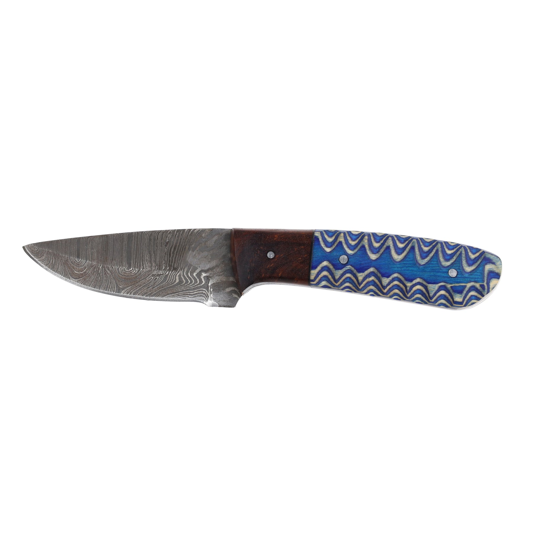 Lariat Scout - Hand-Forged Damascus Skinning Knife with Jiggered Blue Wood Handle