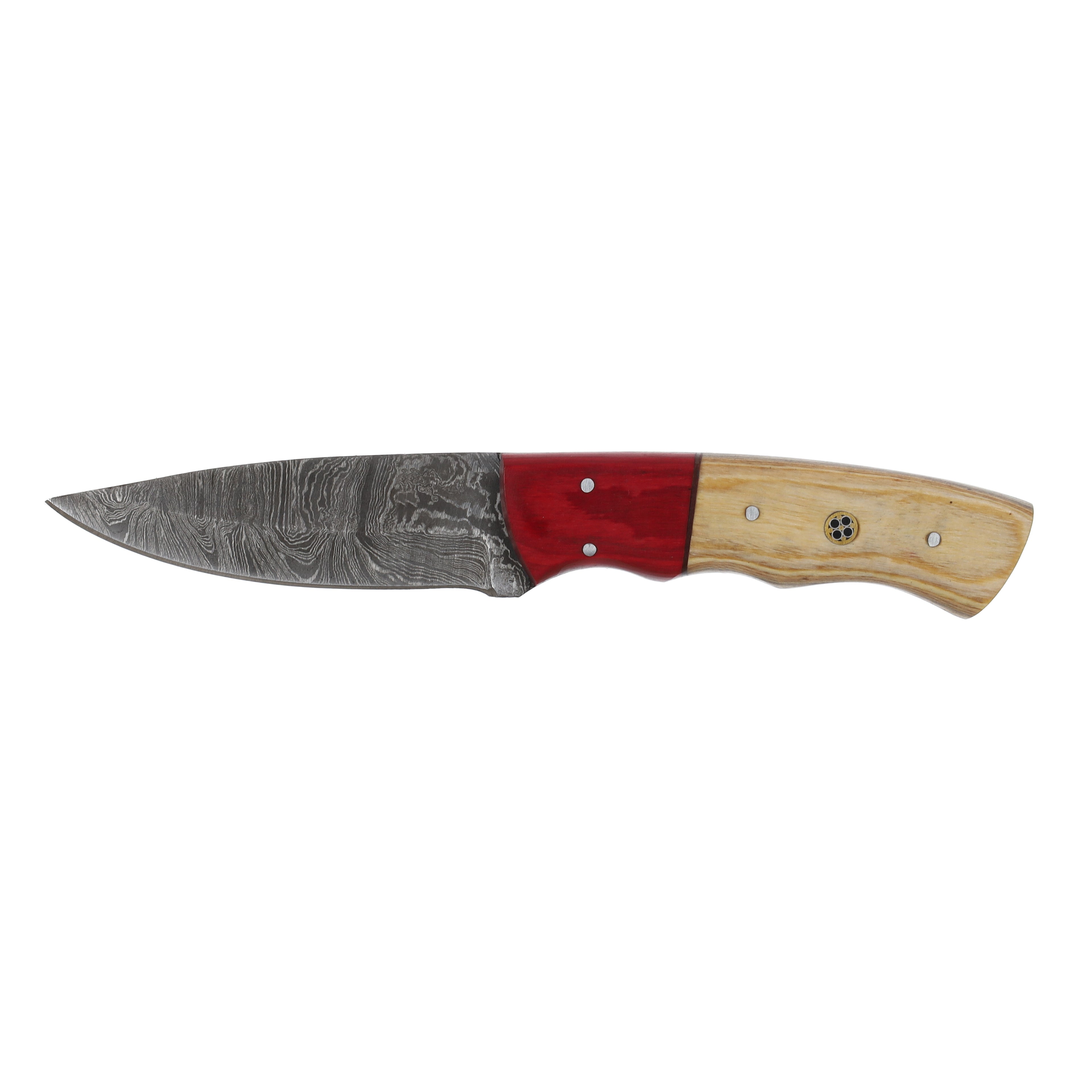 Lariat Ranchhand - Hand-Forged Damascus Skinning Knife with Olive & Red Pakka Wood Handle
