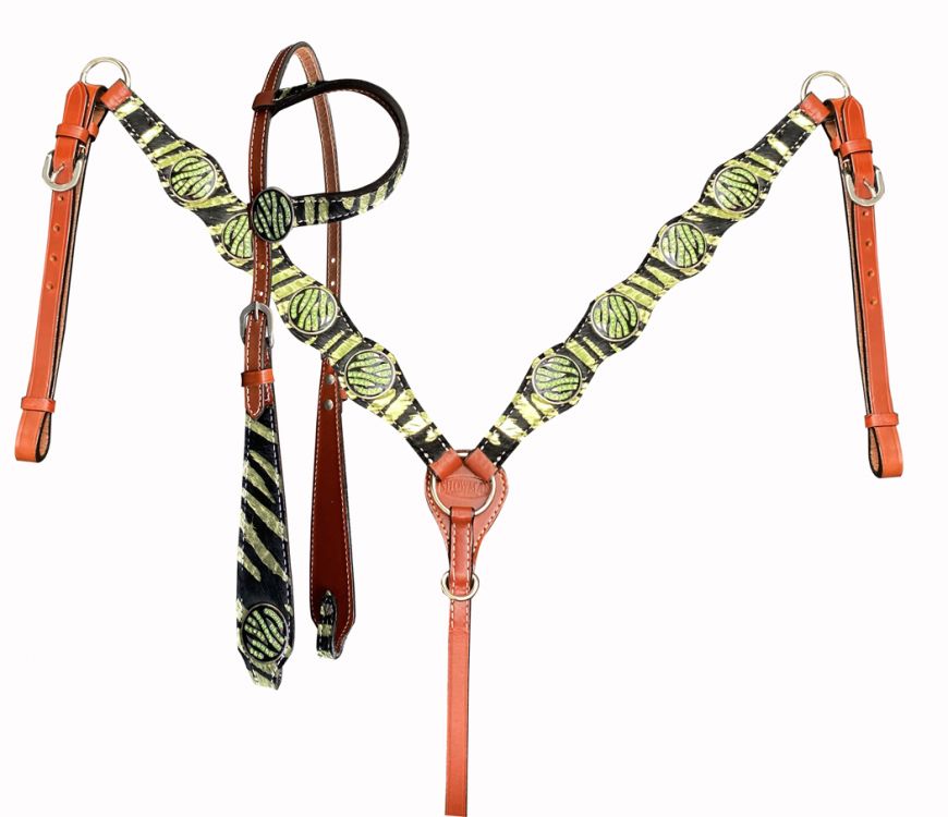 Showman Neon Zebra Print One Ear Headstall and Breast Collar set