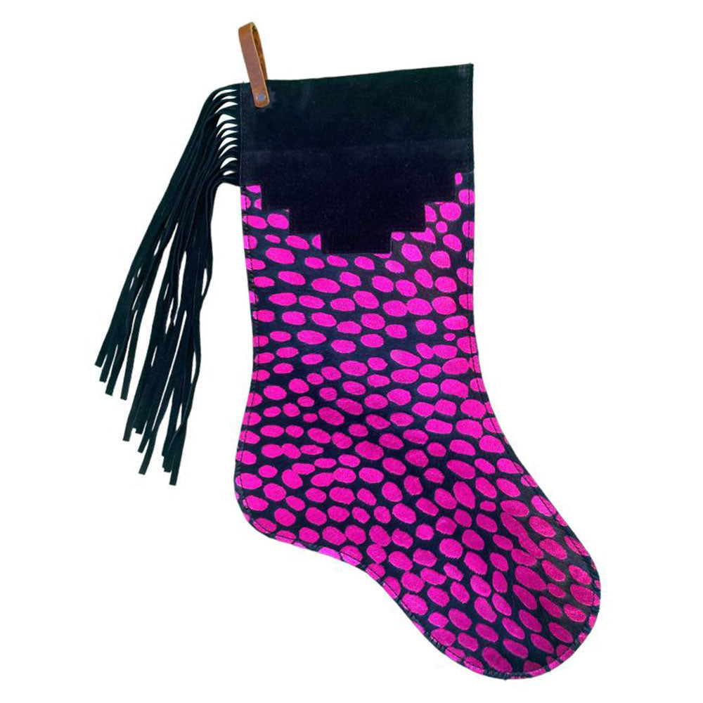 Showman Fringe Cowhide Christmas Stocking - Pink Spots