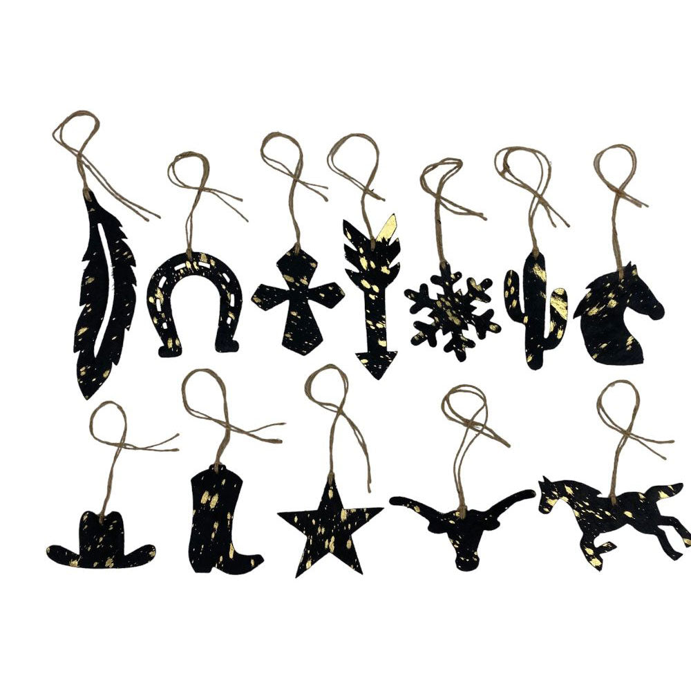 12 Piece Leather Christmas Ornament Set - Gold/Black Acid Wash