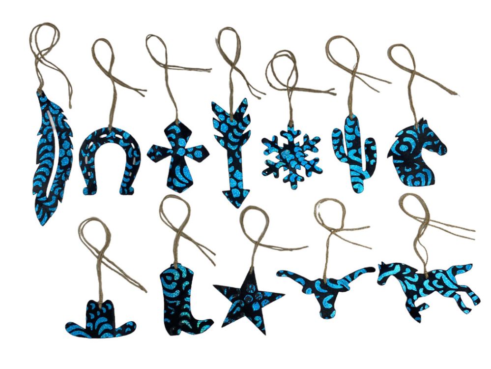 12 Piece Leather Christmas Ornament Set - Blue Metallic Glitter