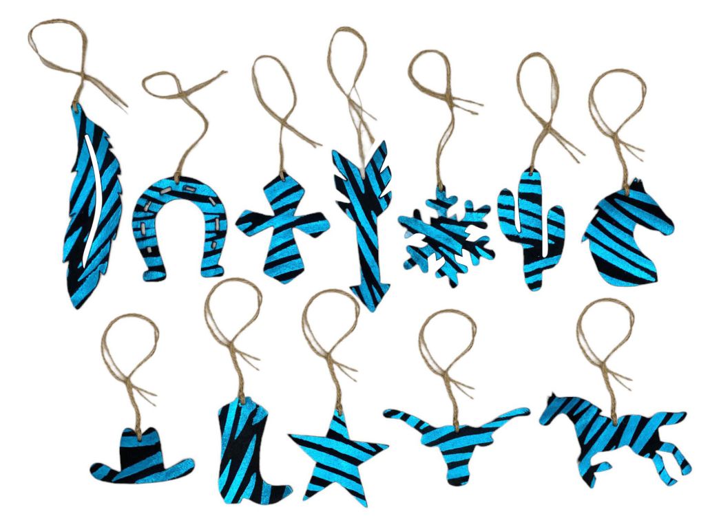 12 Piece Leather Christmas Ornament Set - Blue Zebra
