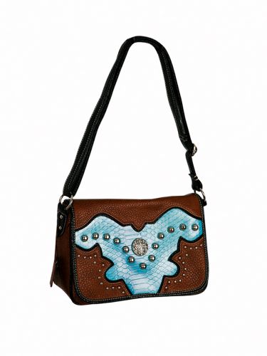 P&G Medium brown messenger bag with light blue alligator inlay