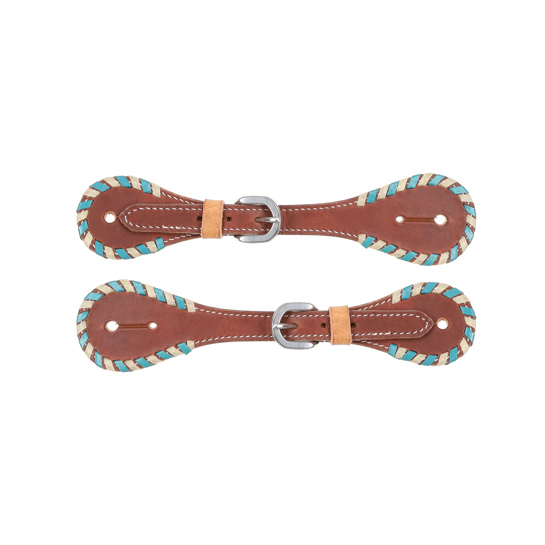 Showman Ladies Argentina Cow Leather Spur Strap with White and Teal Rawhide