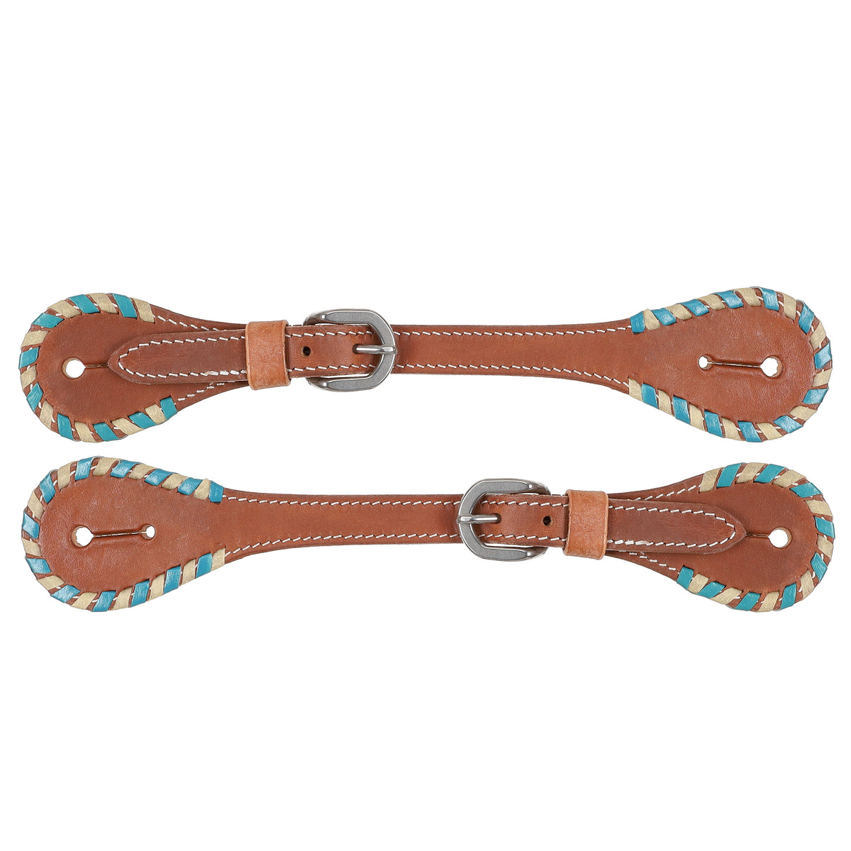 Showman Mens Argentina Cow Leather Spur Strap with White and Teal Rawhide