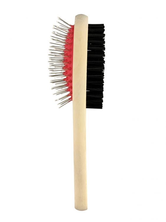 Double sided pet brush with wood handle