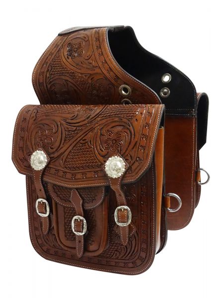 Showman Tooled leather saddle bag with engraved silver conchos and buckles