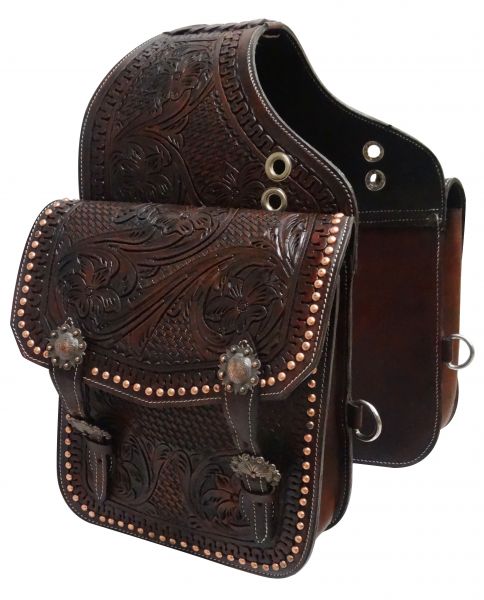 Showman Tooled dark oil leather saddle bag with engraved antique bronze conchos and buckles