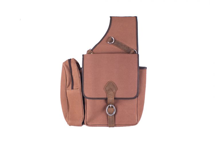 Showman Brown Canvas deluxe saddle bag with flap over closure and leather buckle