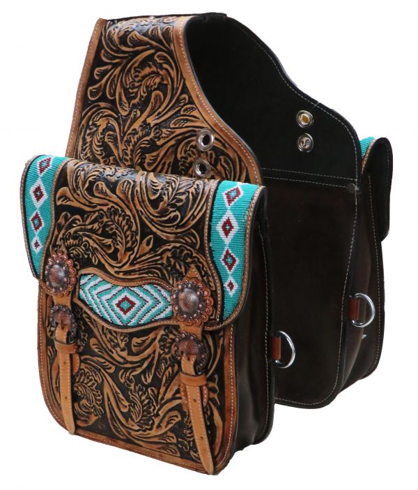 Showman Tooled leather saddle bag with beaded inlay