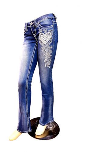 Rockin' Star boot cut denim jeans with embroidered hearts