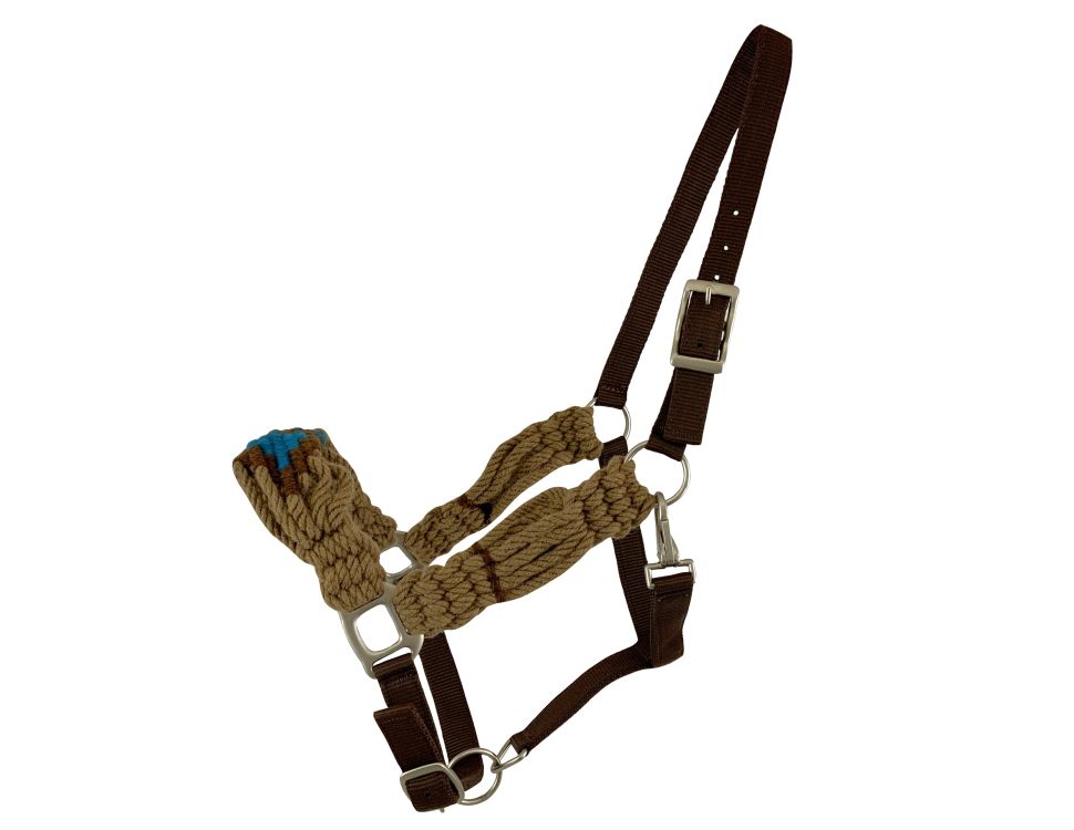 Showman Adjustable Mohair Wool Bronc Halter - Tan/Blue